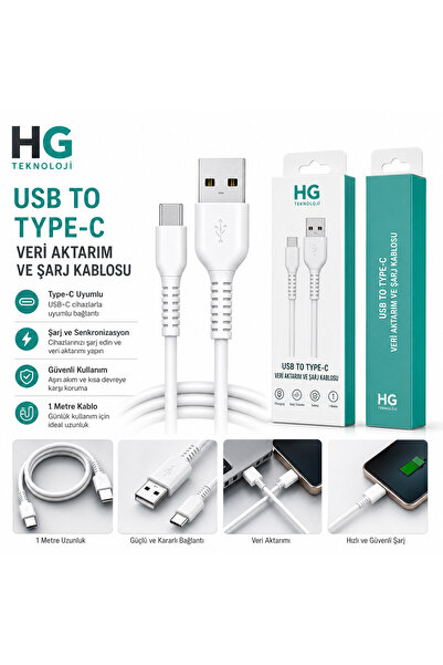 TEKNOLOJİ -USB to Type-C Şarj ve Veri Kablosu 1 Metre Beyaz