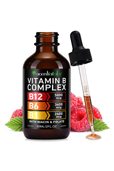 ACENTIALLABS Vitamina B Complex Lichid – B12 5000mcg + B6 + B1 cu Niacin & Fo...