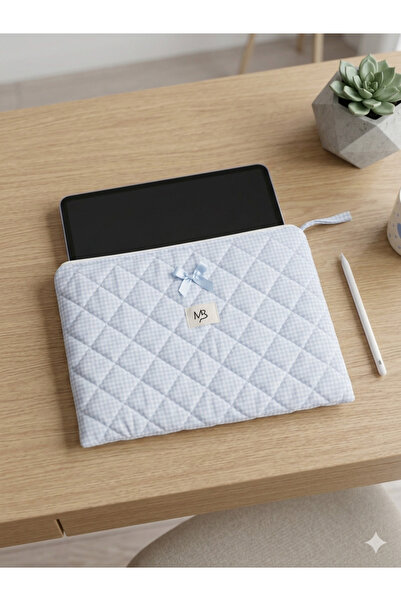 MB mavi pötikare desenli fiyonklu laptop - tablet kılıfı - 13 inç - 14 inç uy...