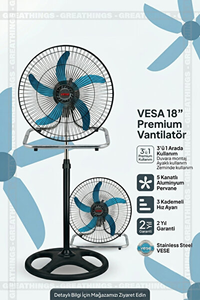 Greathings 18 İnç 46 cm 5 Metal Kanat 3 Kademeli Hız 80 W Sanayi Tipi Ayaklı ...
