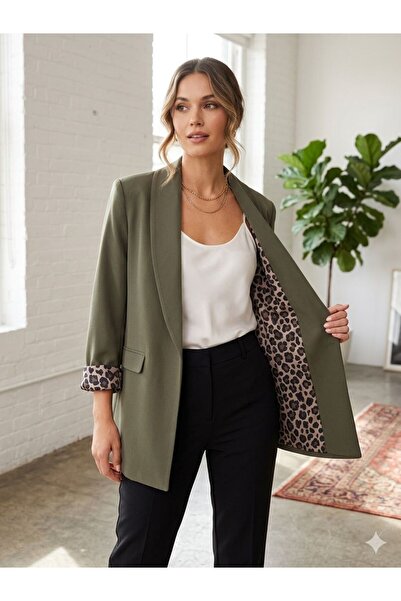 MAESTRO WOMAN Kadın Haki Şal Yaka Süs Cepli Leopar Astarlı Blazer Ceket