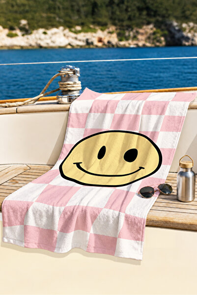 Evimde Bambaşka Prosop de plajă cu carouri roz Smiling Face - Prosop modern d...