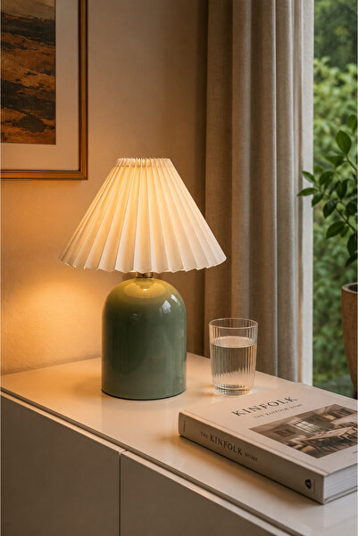 EvLight Feray Mint Yeşili Metal Gövdeli 34 cm Krem Pileli Abajur