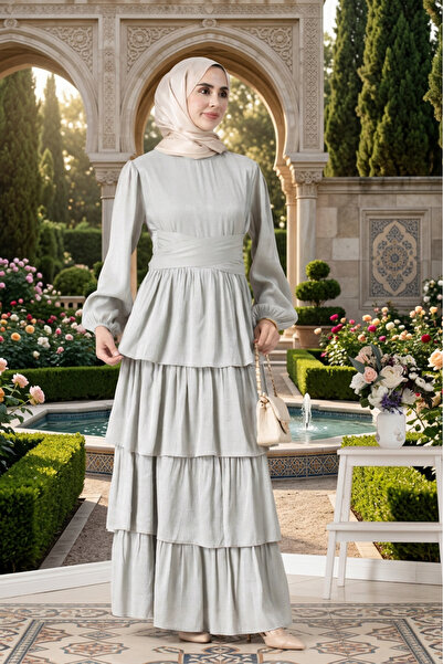 Sevitli Layered Detailed Belted Alina Hijab Evening Dress-Mint Green