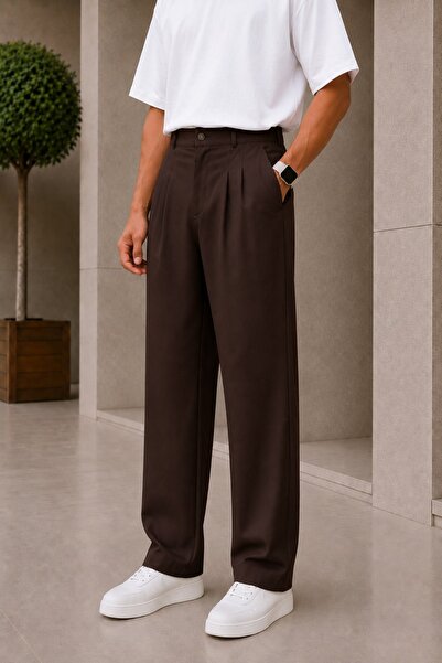 Ser Joven Men's Brown Baggy Fit Relaxed Fit Pleated Fabric Trousers