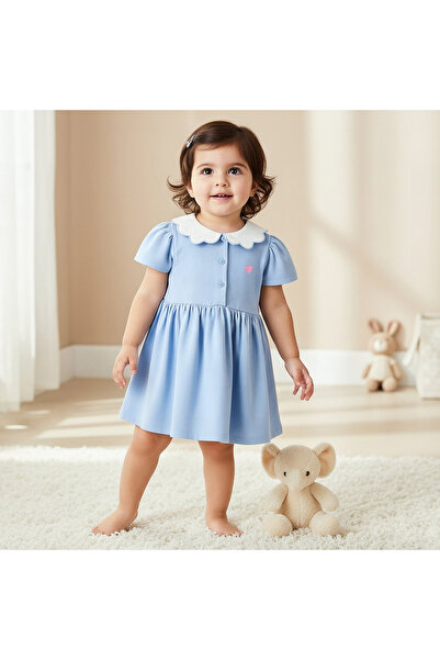 Juniors Scallop Collar Short Sleeves A-line Dress with Heart Embroidery