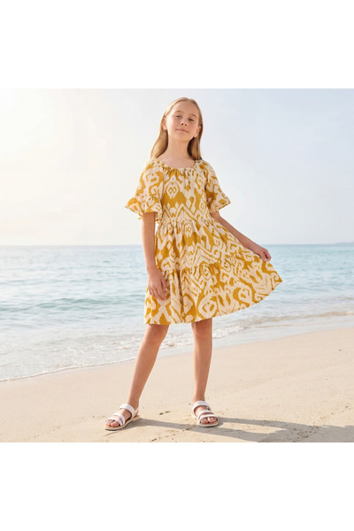 Juniors Round Neck Short Ruffle Sleeves Midi A-line Dress with Ikat Print