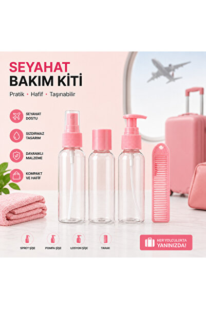 synshop Seyahat Bakım Kiti 4 Parça Pembe Şeffaf Dolum Şişe Seti Sprey Taraklı
