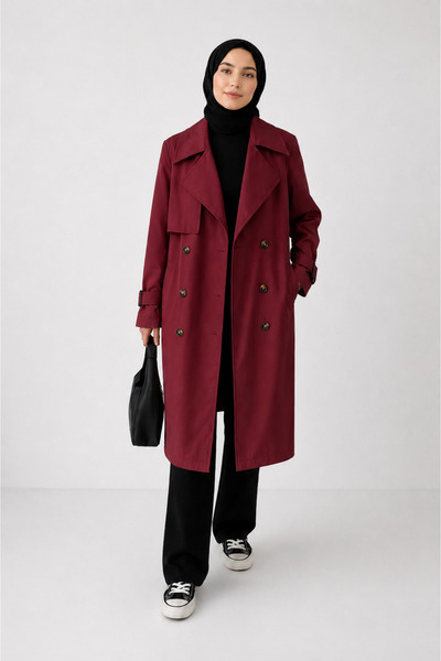 GİYİYORUM Women's Long Trench Coat Belted Lined Buttoned Water and Wind-Resis...
