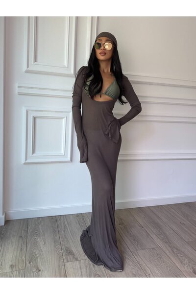 CC STORE Rochie SAHARA, lungă mulată, cu mâneci lungi și decupaj în talie