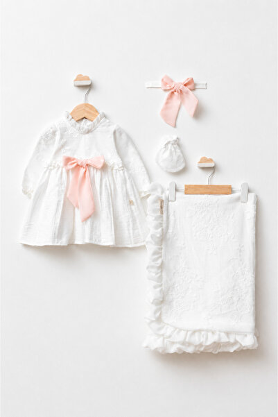 Pugi Baby Muslin Lace Detailed Baby Girl Dress Bandana Blanket Set