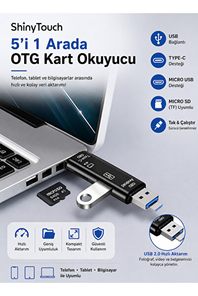 ShinyTouch 5-in-1 Otg Card Reader – Usb, Type-C, Micro Usb, Micro Sd (All And...