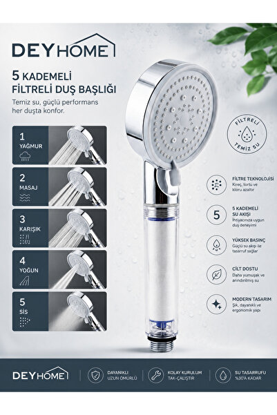 DEYHOME 5 Kademeli Filtreli Duş Başlığı – Yüksek Basınçlı Tasarruflu Duş Başl...
