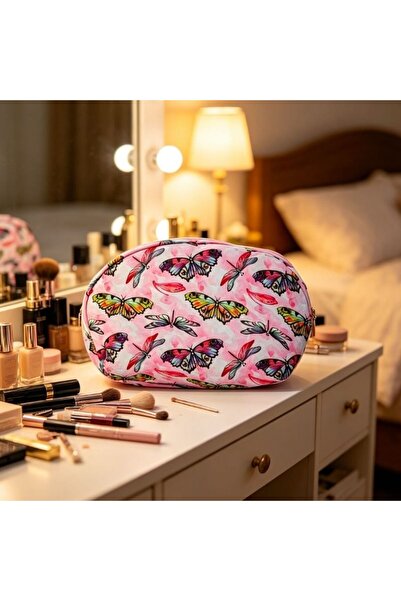 idei Geantă Cosmetică Semirotundă Tip Scoică PU Roz Pastel cu Imprimeu Flutur...