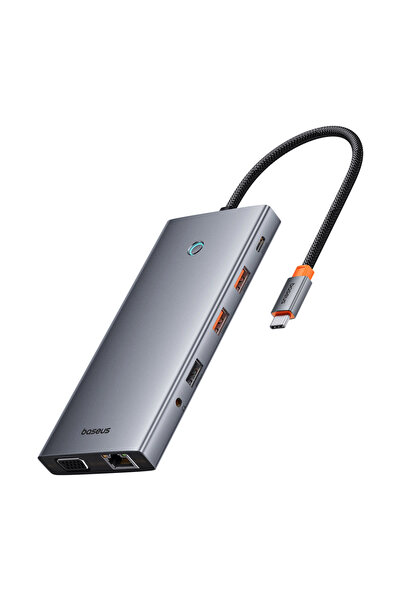 Baseus Hub USB-C PortalJoy 13-în-1 cu HDMI/DP/VGA, 100W PD, RJ45, SD/TF, Gri