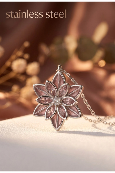 stainless steell Silver Color Pink Lotus Flower Steel Necklace