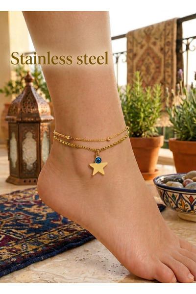 stainless steell Gold Color Elevator Ball Big Star Evil Eye Steel Anklet