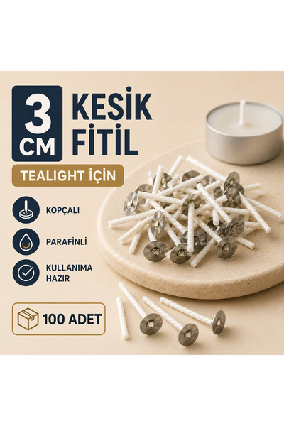 hk 10 Numara Kesilmiş Parafinli Kopçalı Mum Fitili (1,4 mm) – 3 CM Tealight M...