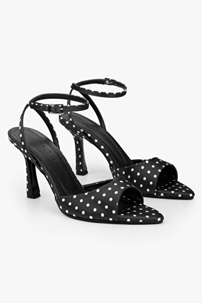 Shoeberry Women's Valeria Black Satin Polka Dot Heeled Shoes