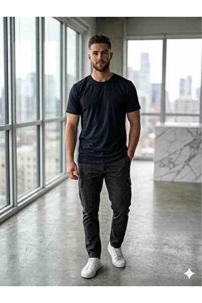 Siyah Slim Fit Dar Kesim %100 Pamuk Bisiklet Yaka Tişört