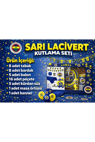 BİLGİ K K Yellow Navy Blue Birthday Celebration Set for 8 People Plate Cup Ba...