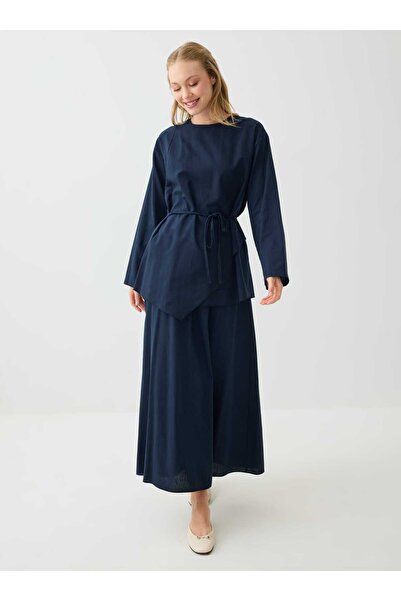 Benin Asymmetrical Cut Tunic & Skirt Double Linen Set - Navy Blue -