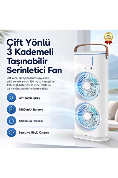 hızlı store Fan Çift Yönlü Spreyli 120 ml Su Hazneli, 1800 mAh Bataryalı, 3 K...