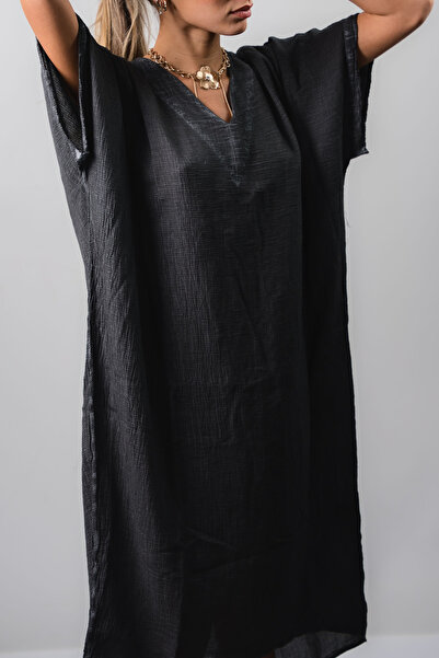 İKİKIZ Cotton Navy Blue V-Neck Dress
