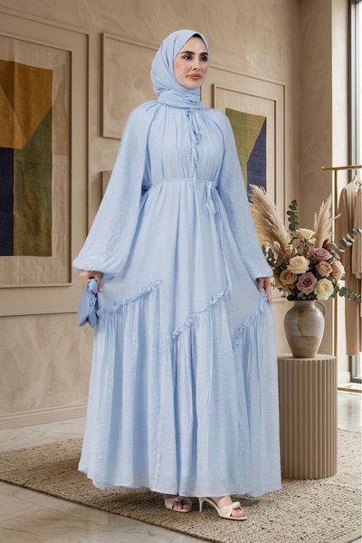 Sevitli Mira Hijab Dress with Gathered Skirt Detail - Baby Blue