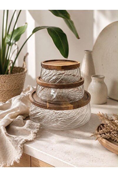 LEONEV 3-Piece Borosilicate Glass Bowl Set with Acacia Lids (12Cm-15Cm-19Cm)