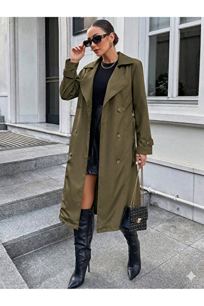 ladyzey Kadın Haki Ceket Yaka Kuşaklı Uzun Trençkot