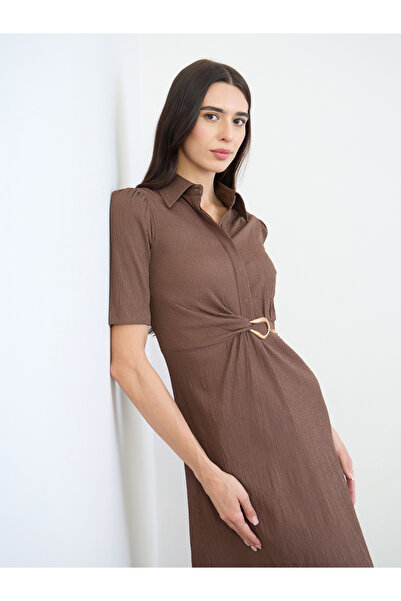 Styli Brown Puff Sleeve Shirt Maxi Dress with Chain Belt