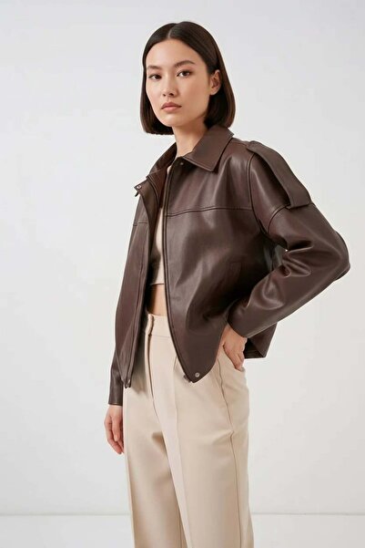 ALFA AKSESUAR 03 Women's Shirt Collar Oversized Cut Brown Jacket