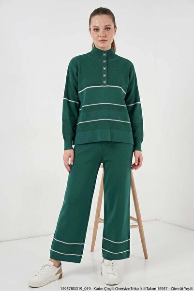 ALFA AKSESUAR 03 Women's High Collar Oversize Striped Knitwear Emerald Green ...