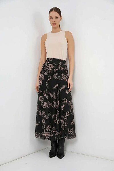 Generic Brand Women's High Waist Patterned Chiffon Black Skirt