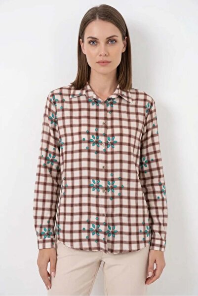 Generic Brand Women's Oversize Floral Patterned Viscose Brown Shirt