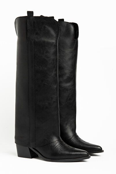 DENORA Black Matte Leather Trousers Flat Western Cowboy Boots