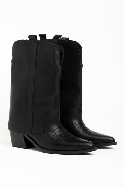 DENORA Black Matte Leather Trousers Flat Western Cowboy Boots