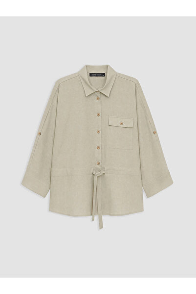 LC Waikiki Khaki Lace-Up Linen Blend Women's Shirt