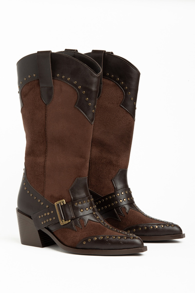 DENORA Bitter Brown Matte Leather Trok Staple Detail Medium Length Western Co...