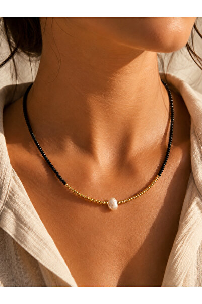 ACAR TAKI Black, Gold Beaded Pearl Necklace 41+4cm Acr9871