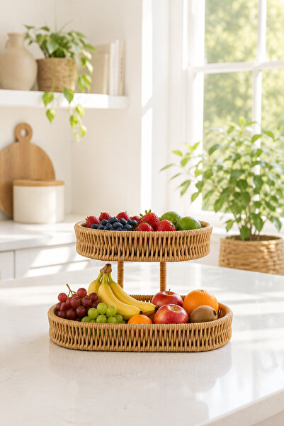 KaiHome 2-Tier Rattan Fruit and Vegetable Basket Countertop Organizer
