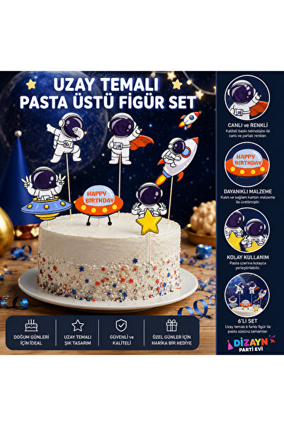 Dizayn Parti Evi Uzay Temalı Pasta Üstü Figür Seti – Astronot Roket UFO Happy...