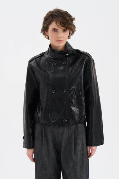 tw3 Women's Leather Fabric Double-Breasted Front Closure Lined Design Coat Ja...