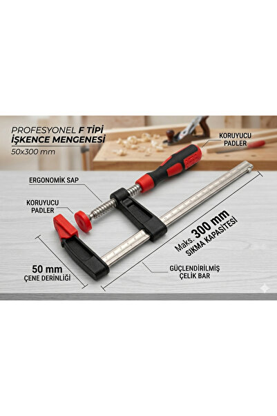 EMİRHANNALBUR Profesyonel F Tipi İşkence Mengenesi 50x300 mm - Ergonomik Sapl...