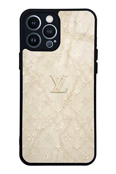 Spoyi iPhone 13 Pro Max Krem Gold LV Tasarımlı Glossy Telefon Kılıfı