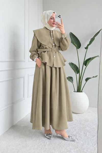 Tesettür Diyarı Parin Tansel Fabric Belted Hijab Set - Green
