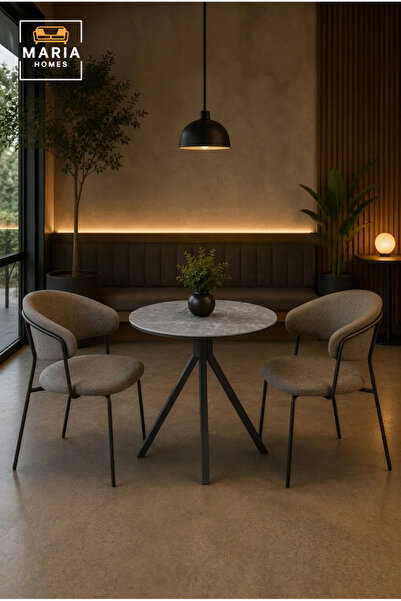 MARIA HOMES Modern Round Marble Dining Table with Black Metal Base for Cafe D...