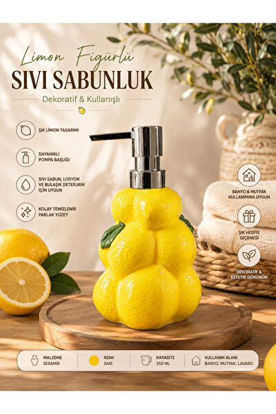 Atak Hediyelik Ceramic Liquid Soap Dispenser with Lemon Figure - Decorative K...