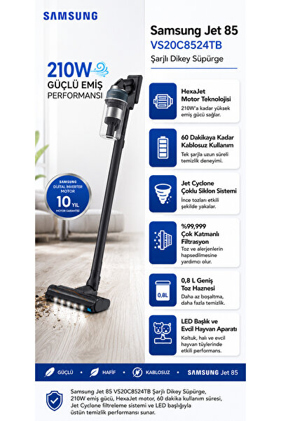 Samsung Jet 85 Kablosuz Dikey Süpürge 210W Emiş Gücü, HexaJet Motor, Jet Cycl...